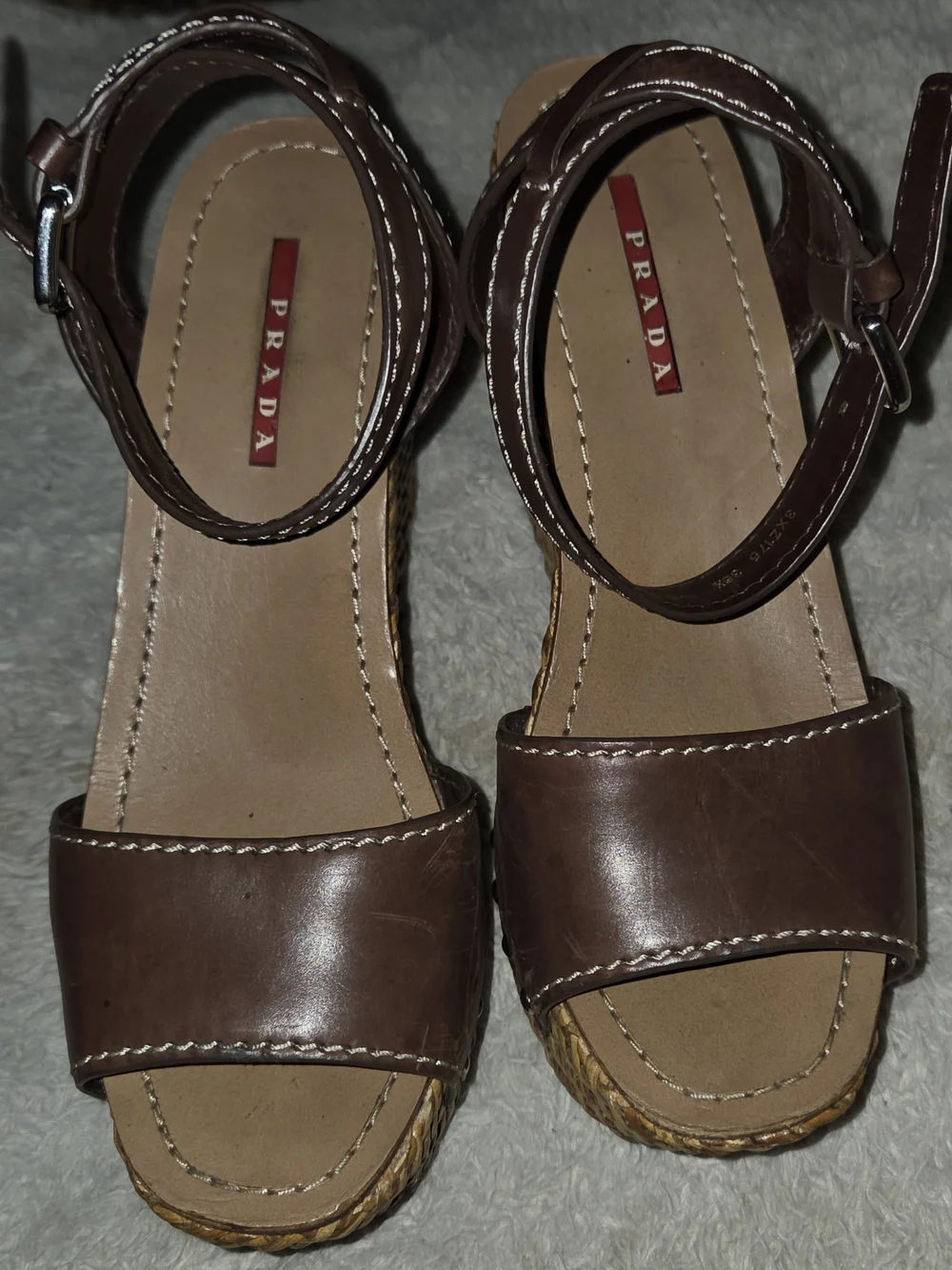 Prada Brown Leather Rattan Wedge Sandals Size 6 US or Size 36.5 EU